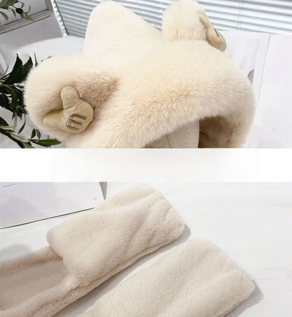 Kids Cartoon 3 in 1 Hat Scarf Gloves Set Winter Warm Fleece Stch Faux Fur Hoodie Full Hood Thick Thermal Scarves Gifts for Boys and Girls Kids (Pink Bear)