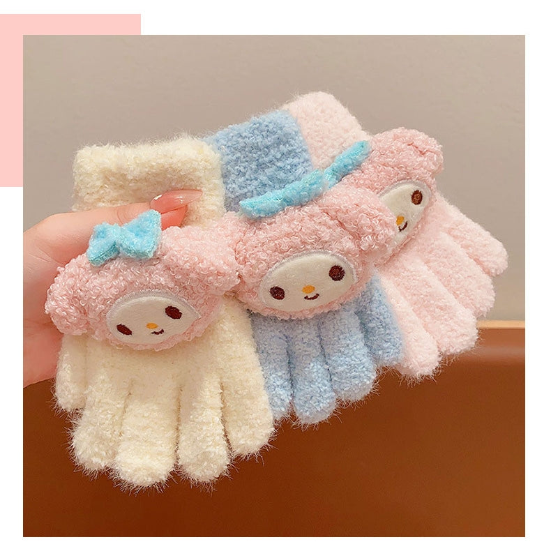 Full Finger Gloves Dinosaur Cat Capybara Winter Knit Warm Mittens Soft Lined Fleece Thermal Outdoor Stretchy Gloves for Kids boys girls(3D hello kitty)