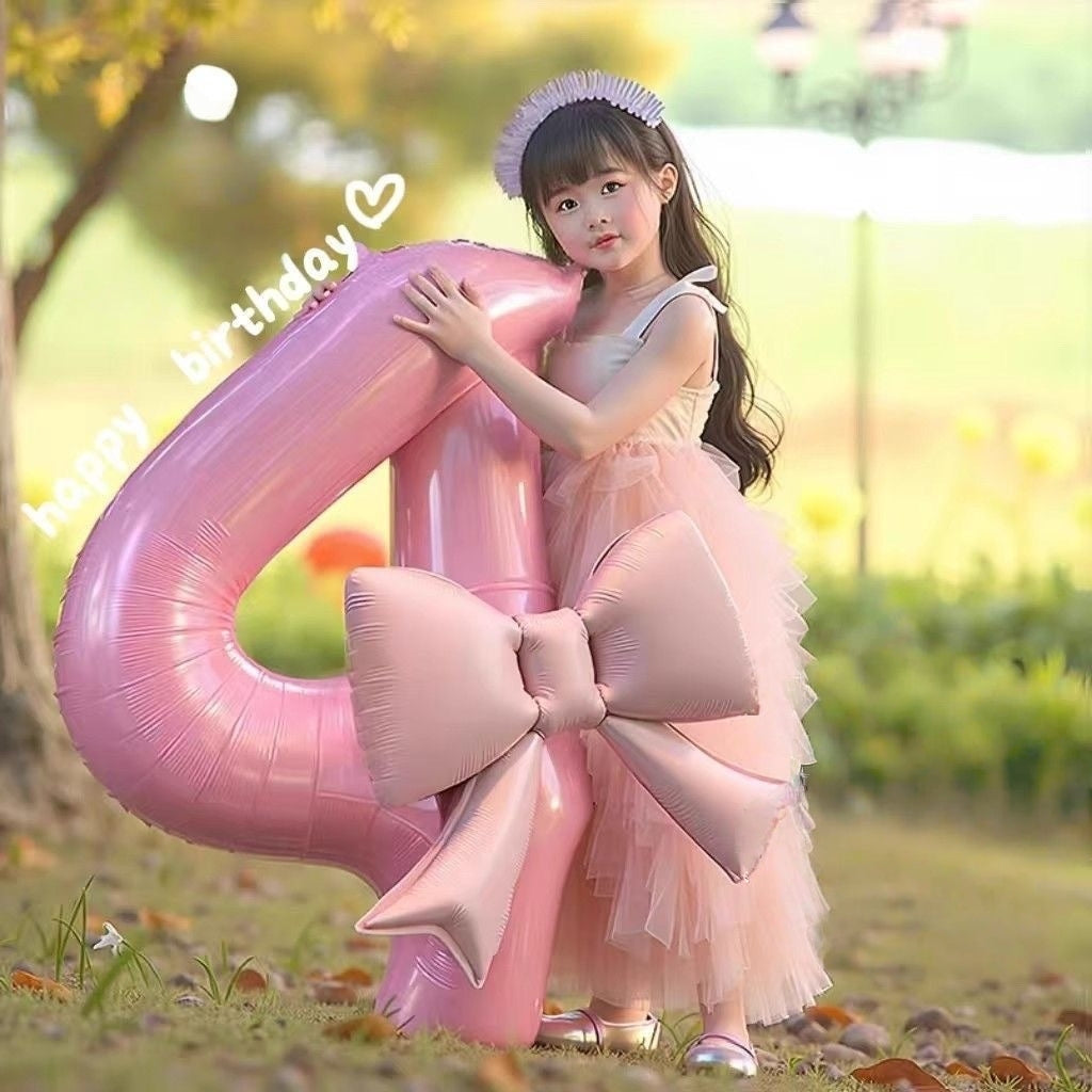 40'' Pink Number with Bow Balloon, Self Inflating Foil Light Pink Number Balloons Set 0-9, Pastel Pink Helium Balloon for Girls Birthday Party Decorations Anniversary Supplies (Pink, Number 6)