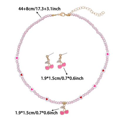 Jewellery Set for Girls Teenagers, Pink Cherry heart Necklace, and Stud Earrings - Kawaii Gifts for Girls Jewelry Favors Set Party Favors, Birthday Gift (Pink)