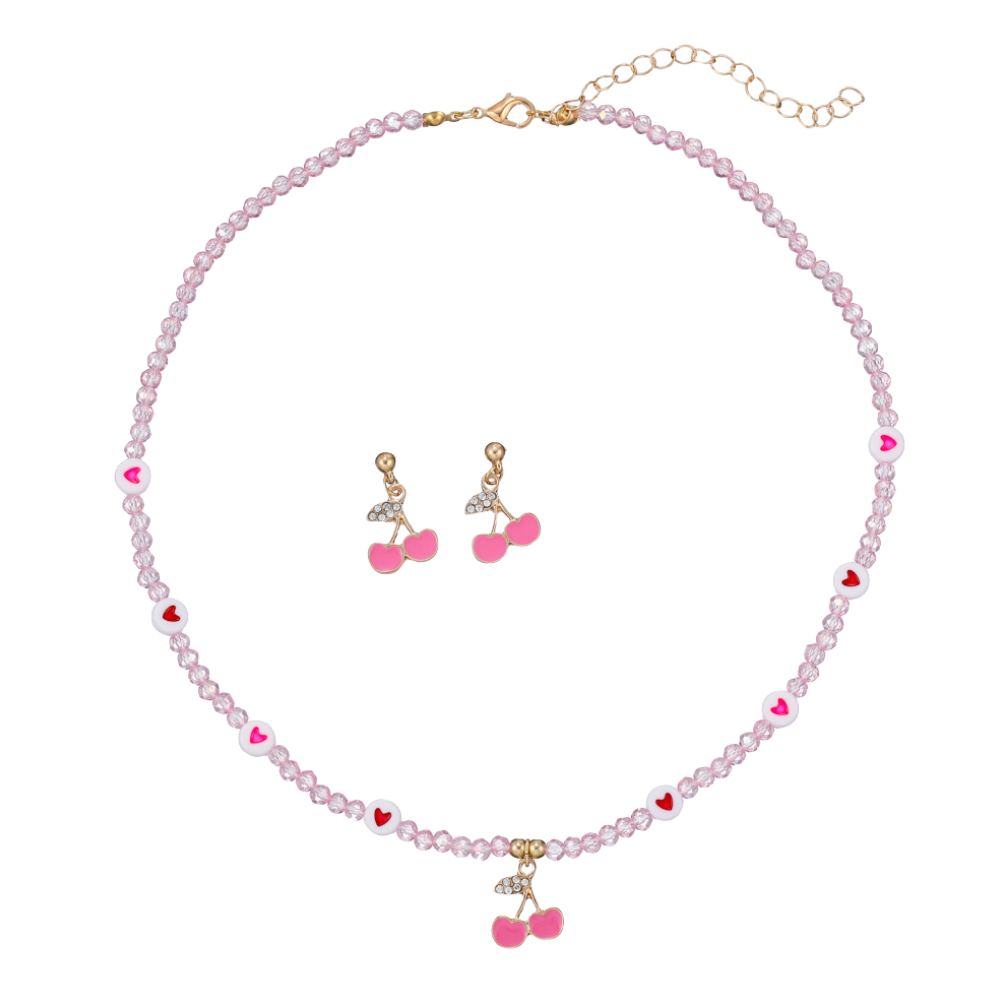 Jewellery Set for Girls Teenagers, Pink Cherry heart Necklace, and Stud Earrings - Kawaii Gifts for Girls Jewelry Favors Set Party Favors, Birthday Gift (Pink)