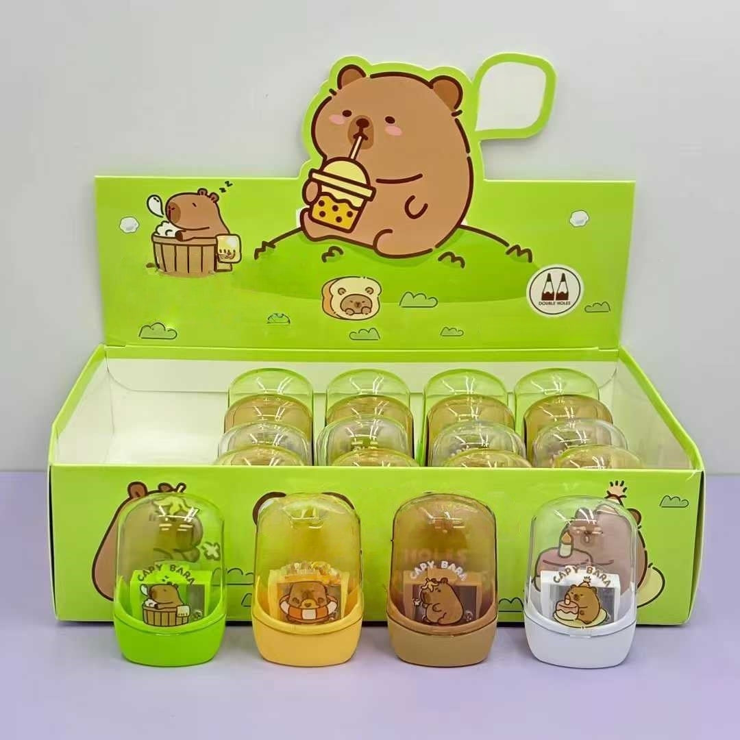 4PCS Pencil Sharpeners, Twin Hole Pencil Sharpener with Container Handheld Capybara Small Manual Pencils Sharpener with Lid Manual for Office School Supplies (Capybara)