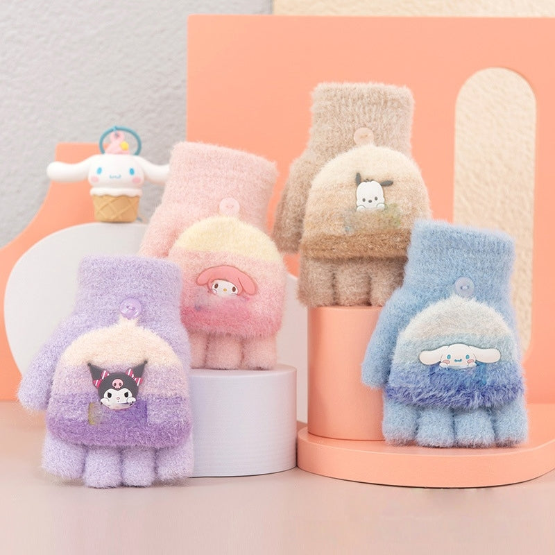 Fingerless Flap Cover Gloves Winter Knit Warm Mittens Soft Lined Fleece Thermal Outdoor Half Finger Gloves with Cover Convertible Flip Top for Kids