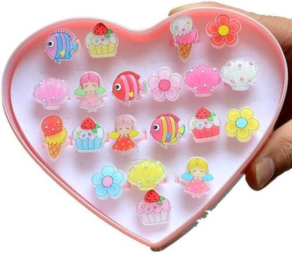20Pcs Adjustable Princess pink Jewelry Girl Kids elsa Cartoon Plastic Rings Gift Set with Heart Shape Box