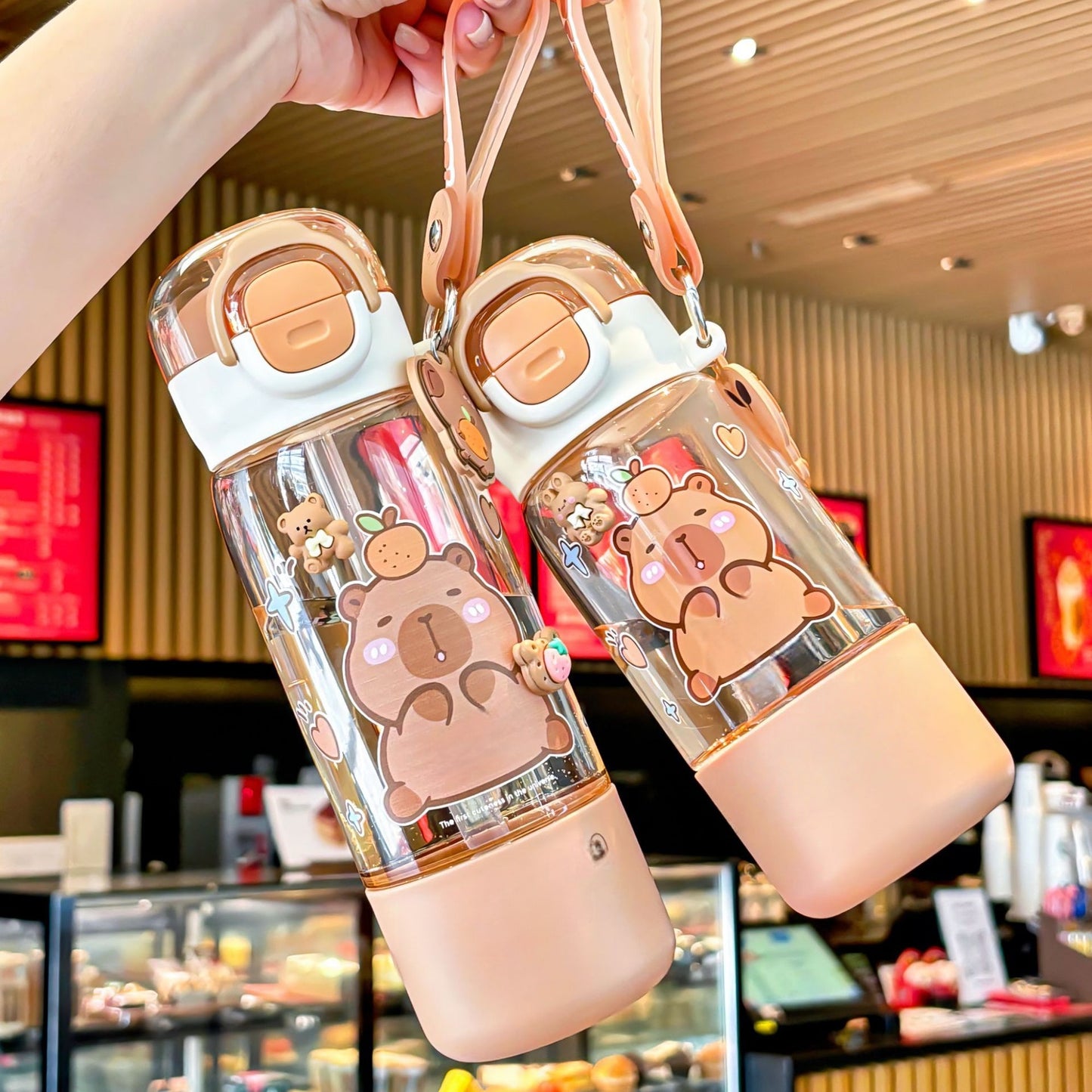 Water Bottle Reusable Kids 510ml PP with Two Lids Leak Proof with straw Lid BPA Free Drinking bottle (Capybara 510ml)