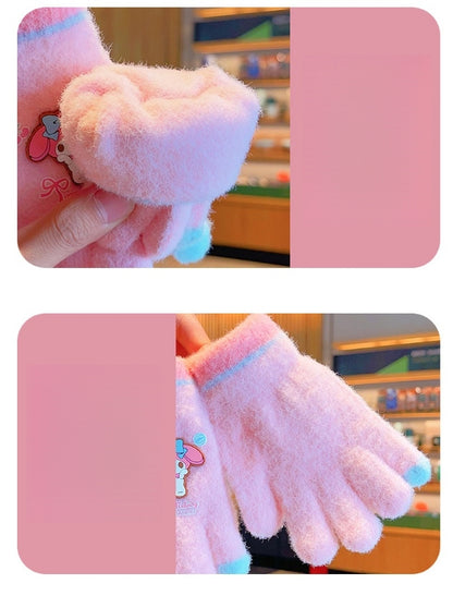Full Finger Gloves Elsa Winter Knit Warm Mittens Soft Lined Fleece Thermal Outdoor Stretchy Gloves for Kids boys girls (Cinnamoroll)