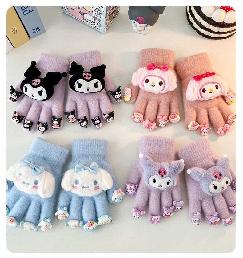 Full Finger Gloves Dinosaur Cat Capybara Winter Knit Warm Mittens Soft Lined Fleece Thermal Outdoor Stretchy Gloves for Kids boys girls (Cinnamoroll With A Doll, One Size)