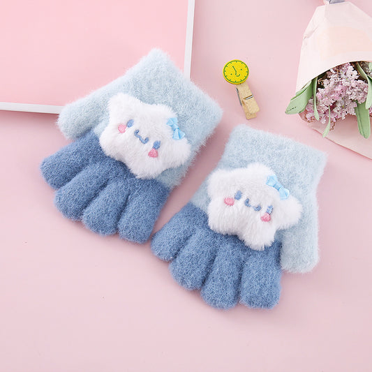 Full Finger Gloves Dinosaur Cat Capybara Winter Knit Warm Mittens Soft Lined Fleece Thermal Outdoor Stretchy Gloves for Kids boys girls (3D Star)