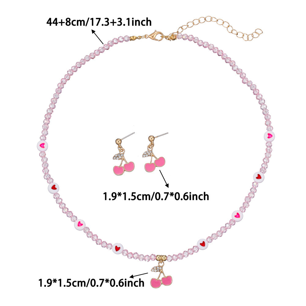 Jewellery Set for Girls Teenagers, Pink Cherry heart Necklace, and Stud Earrings - Kawaii Gifts for Girls Jewelry Favors Set Party Favors, Birthday Gift