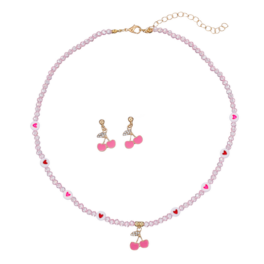 Jewellery Set for Girls Teenagers, Pink Cherry heart Necklace, and Stud Earrings - Kawaii Gifts for Girls Jewelry Favors Set Party Favors, Birthday Gift
