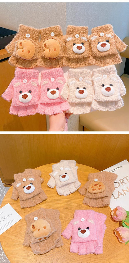 Fingerless Flap Cover Gloves Winter Knit Warm Mittens Soft Lined Fleece Thermal Outdoor Half Finger with Cover Convertible Flip Top for Kids boys girls(3D Kuromi)