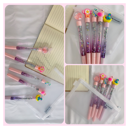 5 PCS Kids Girls Unicorn Ink Pen Rollerball Glitter Quicksand Drying Extra Fine Ballpoint Premium 0.5mm for Office School Stationery with Party bag fillers