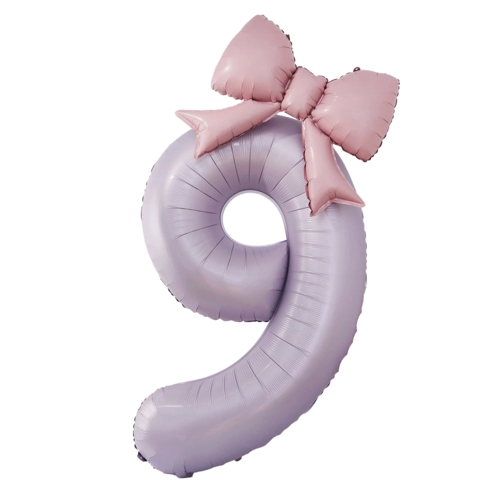 40'' Purple Number with Bow Balloon, Self Inflating Foil Light Pink Set 0-9, Pastel Pink Helium Balloon for Girls Birthday Party Decorations Anniversary Supplies (Purple, Number 9)
