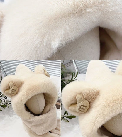 Kids Cartoon 3 in 1 Hat Scarf Gloves Set Winter Warm Fleece Stch Faux Fur Hoodie Full Hood Thick Thermal Scarves Gifts for Boys and Girls Kids (Pink Bear)