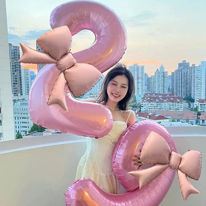 40'' Pink Number with Bow Balloon, Self Inflating Foil Light Pink Set 0-9, Pastel Pink Helium Balloon for Girls Birthday Party Decorations Anniversary Supplies (Pink, Number 4)