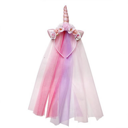 Unicorn Horn Floral Headband with Rainbow veil Ears Pony Head Bands Tiara for Girls Kids Headbands Party Birthday Cosplay Fancy costume (Rainbow Unicorn)