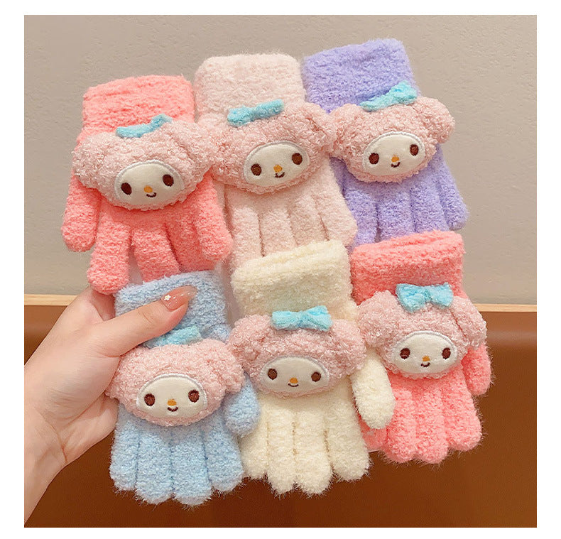 Full Finger Gloves Dinosaur Cat Capybara Winter Knit Warm Mittens Soft Lined Fleece Thermal Outdoor Stretchy Gloves for Kids boys girls (3D Kuromi)