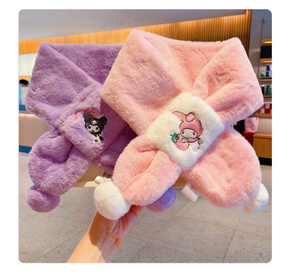 Kids Winter Beanie Scarf for 2-10 Years Old Boys Girls.Outdoor Warm Fleece Lined Thermal Knit Fluffy Pom (Kuromi 01 )