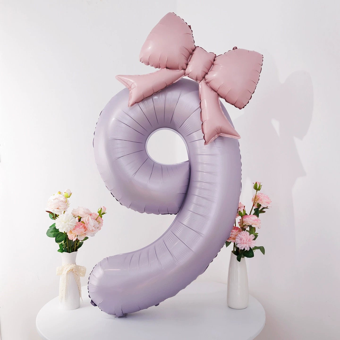 40'' Purple Number with Bow Balloon, Self Inflating Foil Light Pink Set 0-9, Pastel Pink Helium Balloon for Girls Birthday Party Decorations Anniversary Supplies (Purple, Number 9)