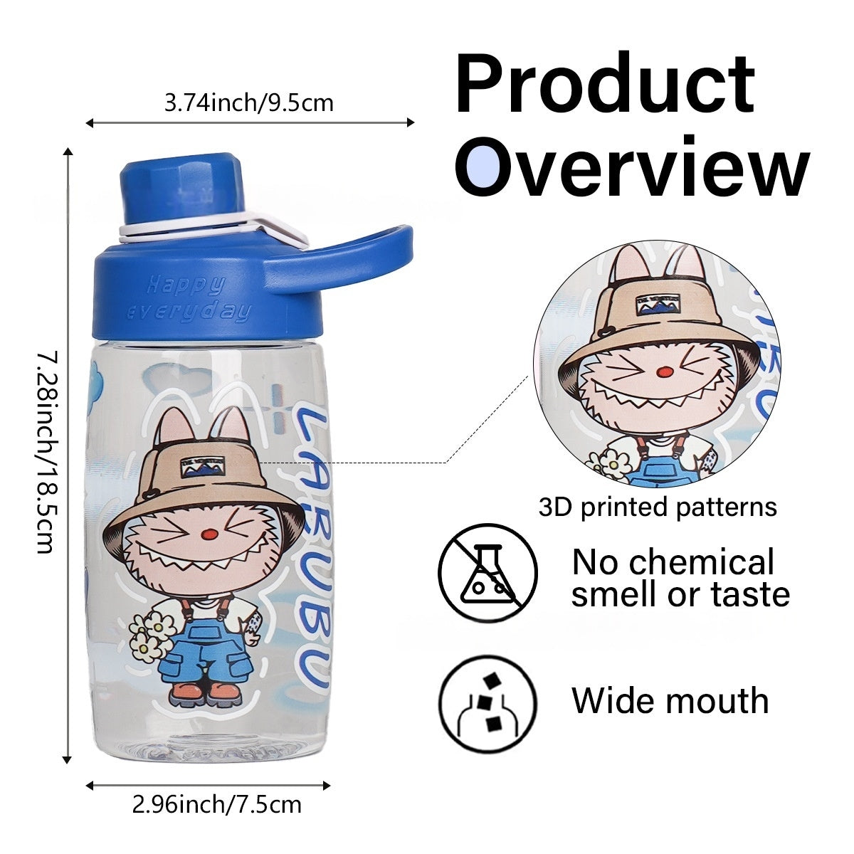 Water Bottle Reusable Kids 520ml PP with Two Lids Leak Proof with straw Lid BPA Free Drinking