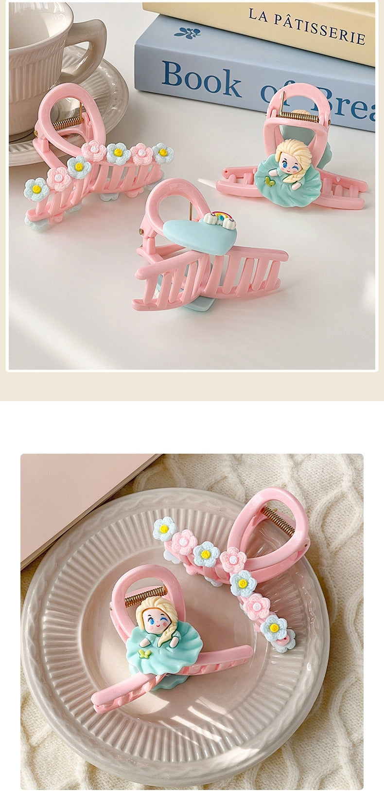 2/3 Pcs Hair Claw Clips for Women and Girls 2/3 Flower Heart Princess Trendy Coloured Claw Clip kids Kitty pink Claw Clips for all