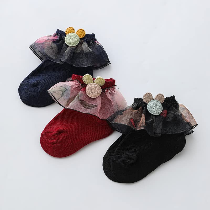 3 Pairs Kids Baby Girls Frilly Lace Tutu Flower Soft Cotton Socks Newborn Toddler Ankle Socks(Set03 1-2)