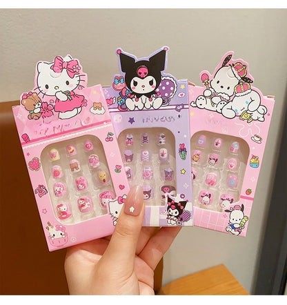 24Pcs 2 Pack Children Acrylic Fake Nails Press on Pre-glue Full Cover Glitter Color Rainbow Unicorn Mermaid Kids Stick On False Nail Art Kits Set Girls Birthday Gift（Kuromi）