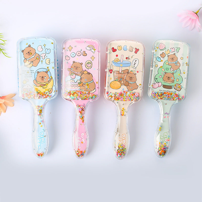 Princess mermaid Hair Brush,Paddle Hairbrush for Girls Kids,Easily Glide Through Knots No Pull Glitter Bristle Tangle Brushes Sequin airbag comb Gift (Capybara(random color))