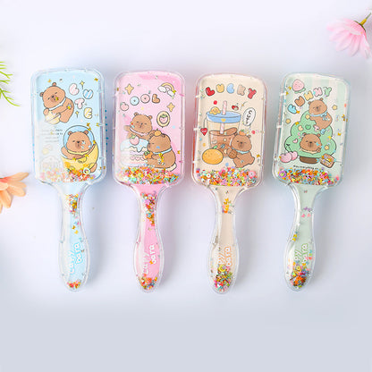 Princess mermaid Hair Brush,Paddle Hairbrush for Girls Kids,Easily Glide Through Knots No Pull Glitter Bristle Tangle Brushes Sequin airbag comb Gift (Capybara(random color))