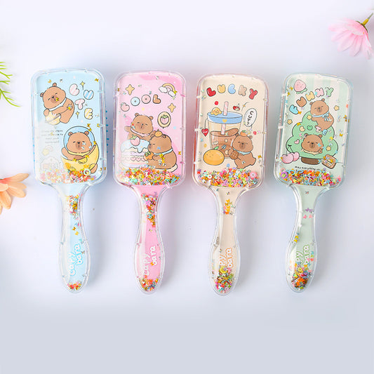 Princess mermaid Hair Brush,Paddle Hairbrush for Girls Kids,Easily Glide Through Knots No Pull Glitter Bristle Tangle Brushes Sequin airbag comb Gift (Capybara(random color))