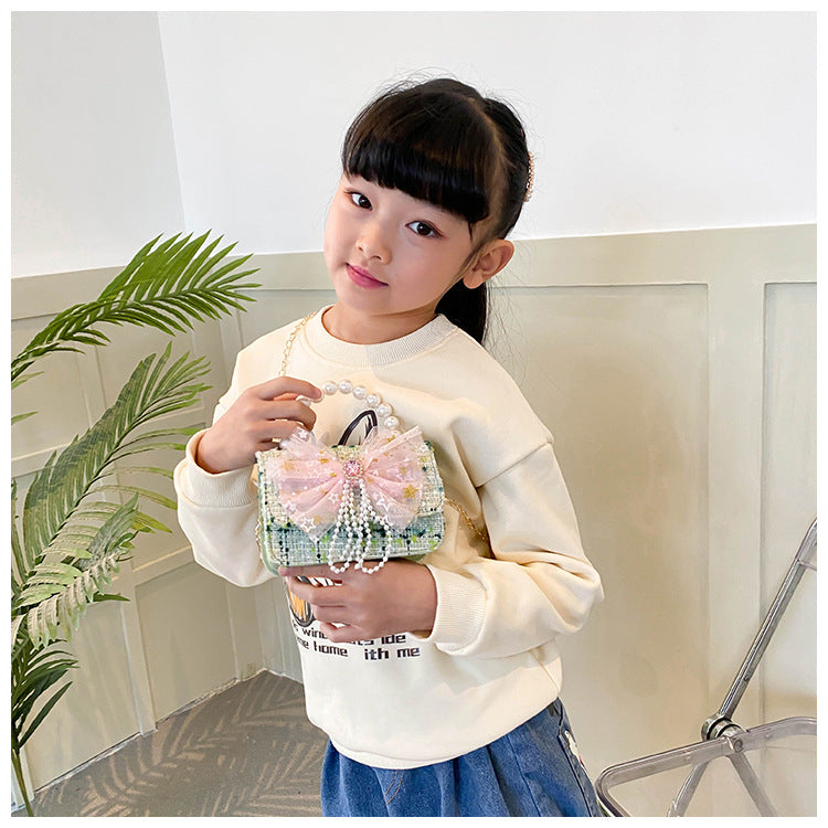 Shoulder Bag Girls Kids Children Handbags Portable Mini Coin Purse Messenger Crossbody Bag Princess Pearl Bow Mini Flip Bag Accessories Bags Gift Travel Holiday