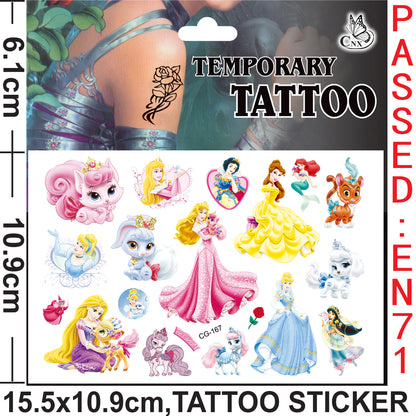 10 Sheets Kids  rincess Temporary Tattoos Sticker Waterproof Superhero Stickers Fake tattoo Party Bag Fillers (Princess)