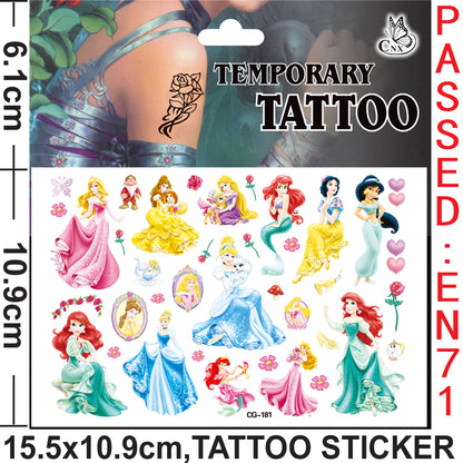 10 Sheets Kids  rincess Temporary Tattoos Sticker Waterproof Superhero Stickers Fake tattoo Party Bag Fillers (Princess)