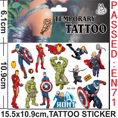 10 Sheets Kids  rincess Temporary Tattoos Sticker Waterproof Superhero Stickers Fake tattoo Party Bag Fillers (Avengers)