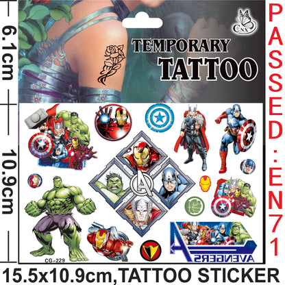 10 Sheets Kids  rincess Temporary Tattoos Sticker Waterproof Superhero Stickers Fake tattoo Party Bag Fillers (Avengers)