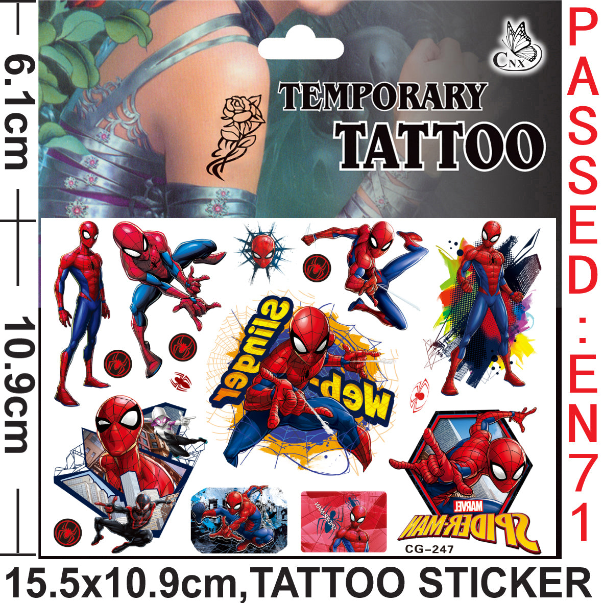 10 Sheets Kids  rincess Temporary Tattoos Sticker Waterproof Superhero Stickers Fake tattoo Party Bag Fillers (Spiderman)