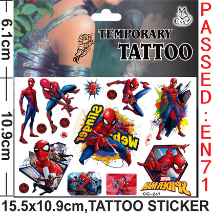 10 Sheets Kids  rincess Temporary Tattoos Sticker Waterproof Superhero Stickers Fake tattoo Party Bag Fillers (Spiderman)