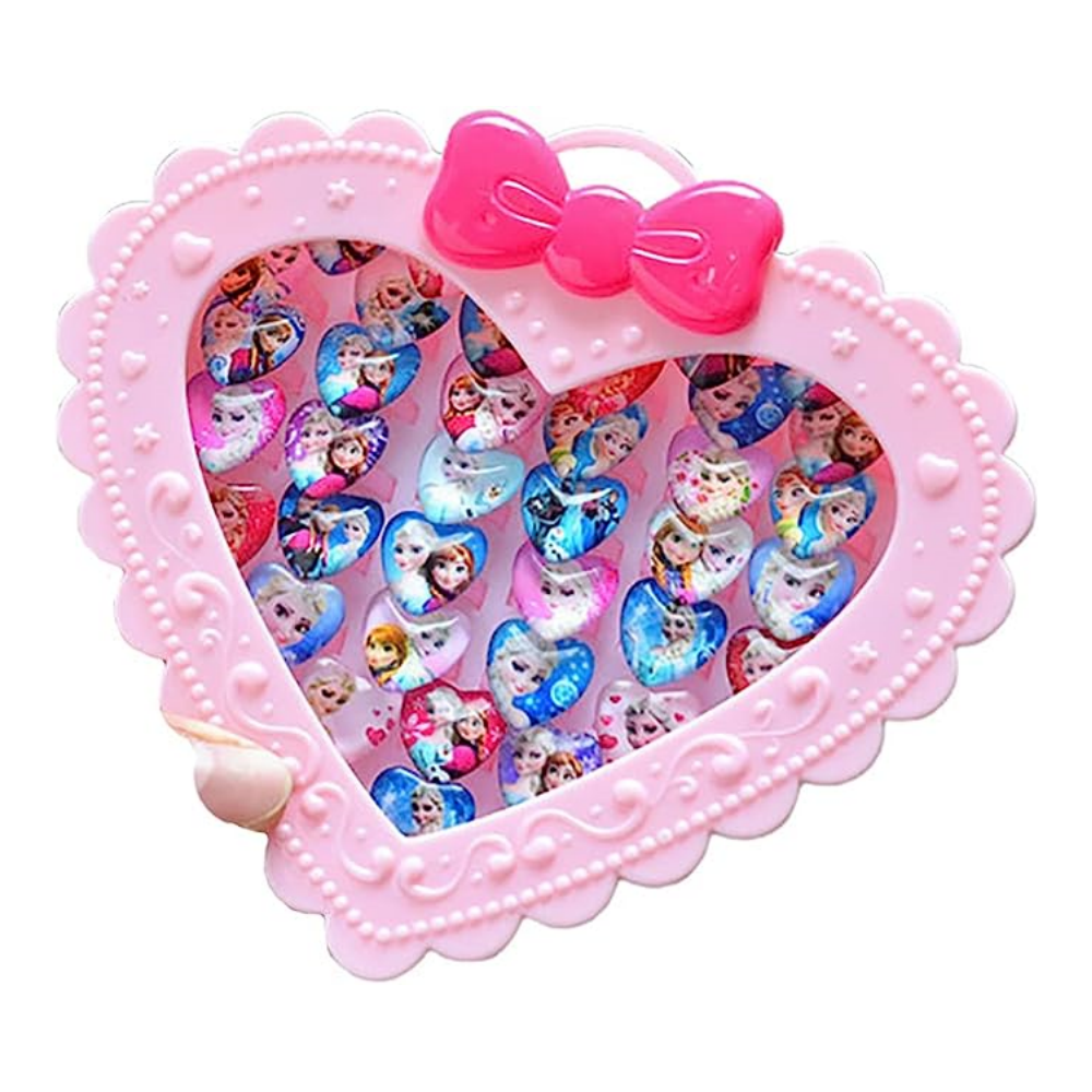 20Pcs Adjustable Princess pink Jewelry Girl Kids elsa Cartoon Plastic Rings Gift Set with Heart Shape Box