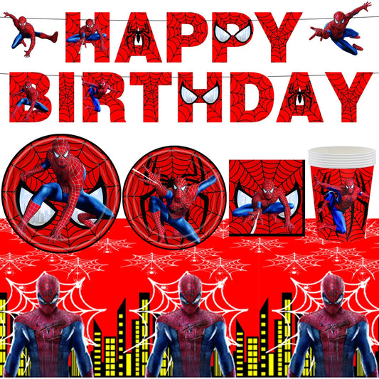Spiderman Princess Frozen Tableware Set Birthday Celebration Party Set Birthday Decoration Set for Happy Banner, Plates, Cups Set,Napkins,Tablecloths for 20 Guests (Spiderman)
