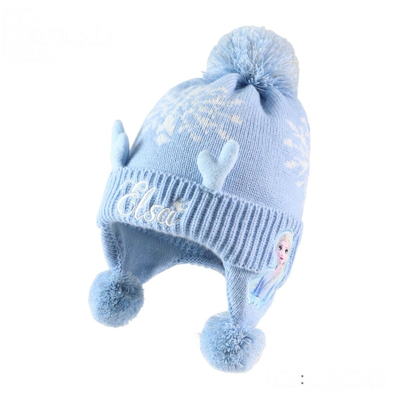 Kids Winter Beanie Hat Scarf for 2-10 Years Old Boys Girls.Outdoor Warm Fleece Lined Thermal Knit Fluffy Pom(pink Elsa)