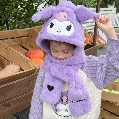 Kids Cartoon 3 in 1 Hat Scarf Gloves Set Winter Warm Fleece Faux Fur Hoodie Full Hood Thick Thermal Scarves Gifts for Boys and Girls Kids