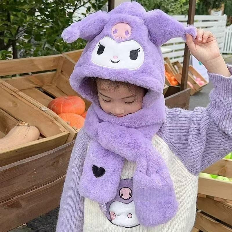 Kids Cartoon 3 in 1 Hat Scarf Gloves Set Winter Warm Fleece Stch Faux Fur Hoodie Full Hood Thick Thermal Scarves Gifts for Boys and Girls Kids(My Melody)