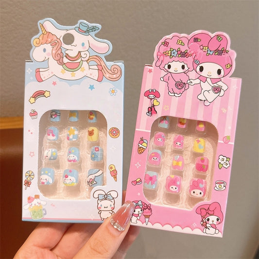 24Pcs 2 Pack Children Acrylic Fake Nails Press on Pre-glue Full Cover Glitter Color Rainbow Unicorn Mermaid Kids Stick On False Nail Art Kits Set Girls Birthday Gift (Set 04)