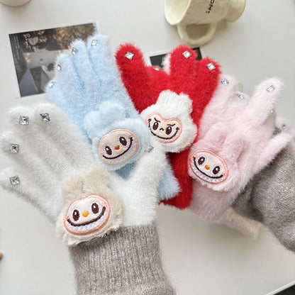 Full Finger Gloves Dinosaur Cat Capybara Winter Knit Warm Mittens Soft Lined Fleece Thermal Outdoor Stretchy Gloves for Kids boys girls (Labubu)