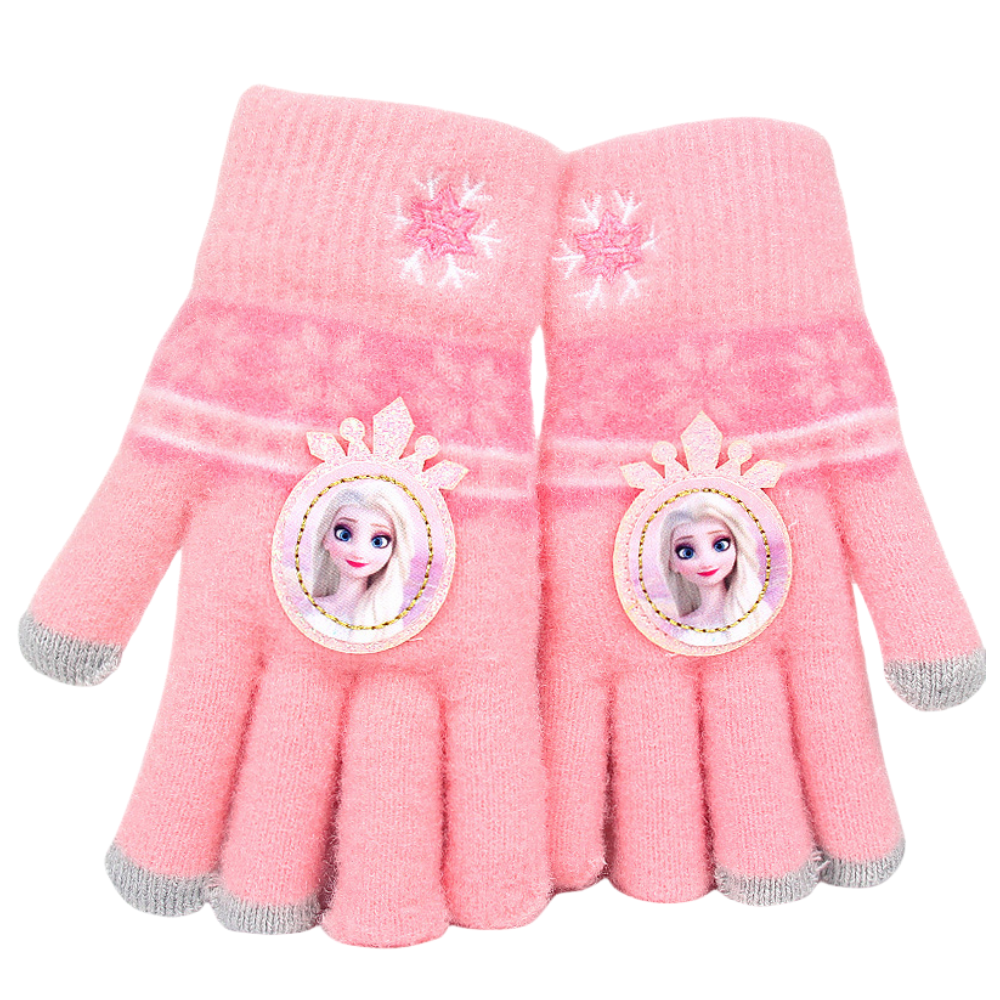 Full Finger Gloves Dinosaur Cat Capybara Winter Knit Warm Mittens Soft Lined Fleece Thermal Outdoor Stretchy Gloves for Kids boys girls(Pink Elsa)