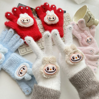 Full Finger Gloves Dinosaur Cat Capybara Winter Knit Warm Mittens Soft Lined Fleece Thermal Outdoor Stretchy Gloves for Kids boys girls (Labubu)