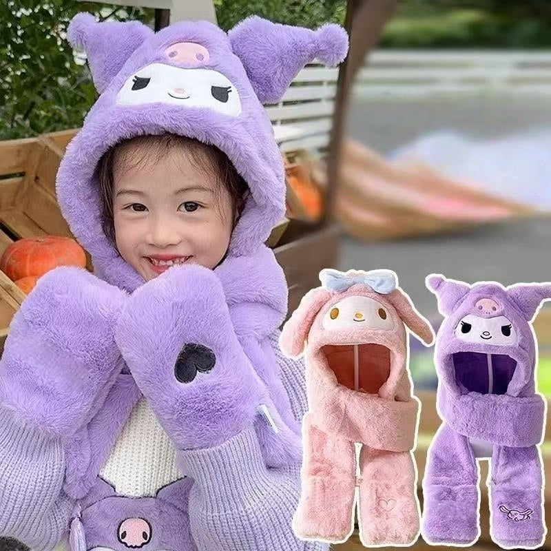 Kids Cartoon 3 in 1 Hat Scarf Gloves Set Winter Warm Fleece Stch Faux Fur Hoodie Full Hood Thick Thermal Scarves Gifts for Boys and Girls Kids(My Melody)