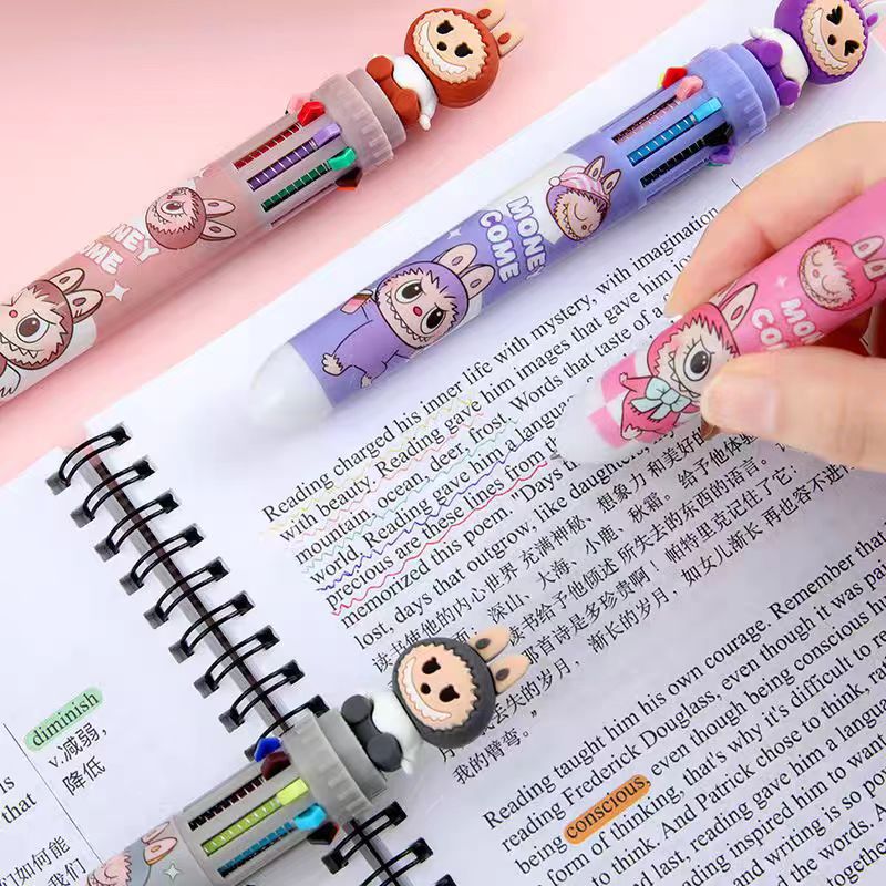 Multicolor teddy bear Pens 0.5mm 10-in-1 Retractable Ballpoint Pens 10 Colors Transparent Barrel Ballpoint Pen for Office Supplies and kids school (Labubu(random color))