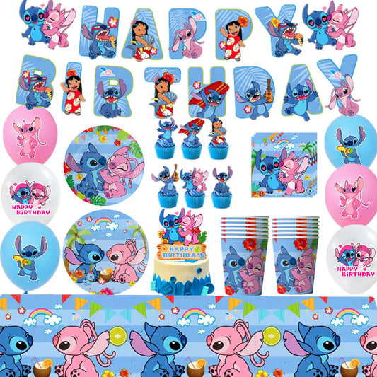 Spiderman Princess Frozen Tableware Set Birthday Celebration Party Set Birthday Decoration Set for Happy Banner, Plates, Cups Set,Napkins,Tablecloths for 20 Guests (Stitch)