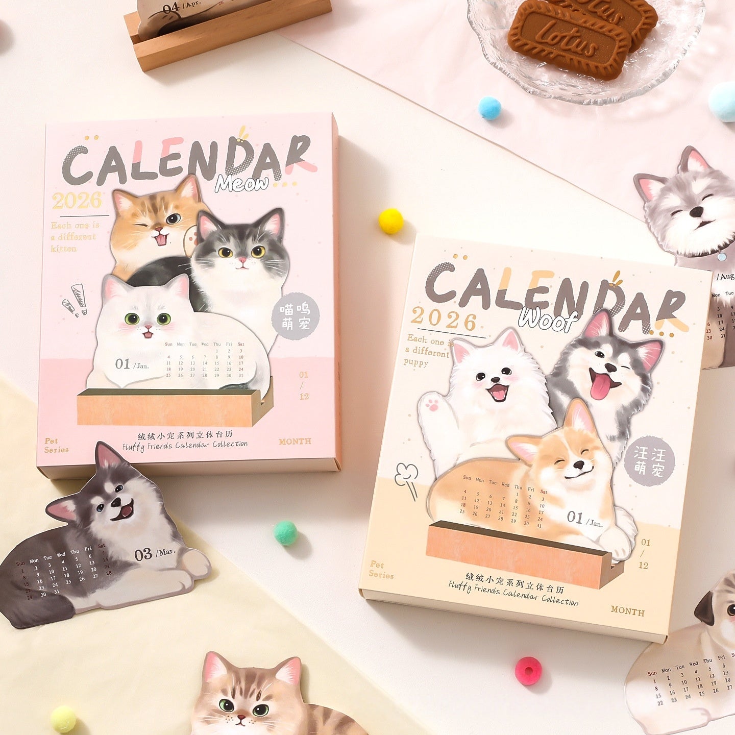 Desk Calendars,2026 Pet Theme Offices Calendar | Academic Planner with Wooden Base Puppy Kitten Design Organization for Daily Work School Teacher Kids Family Home Class Offices